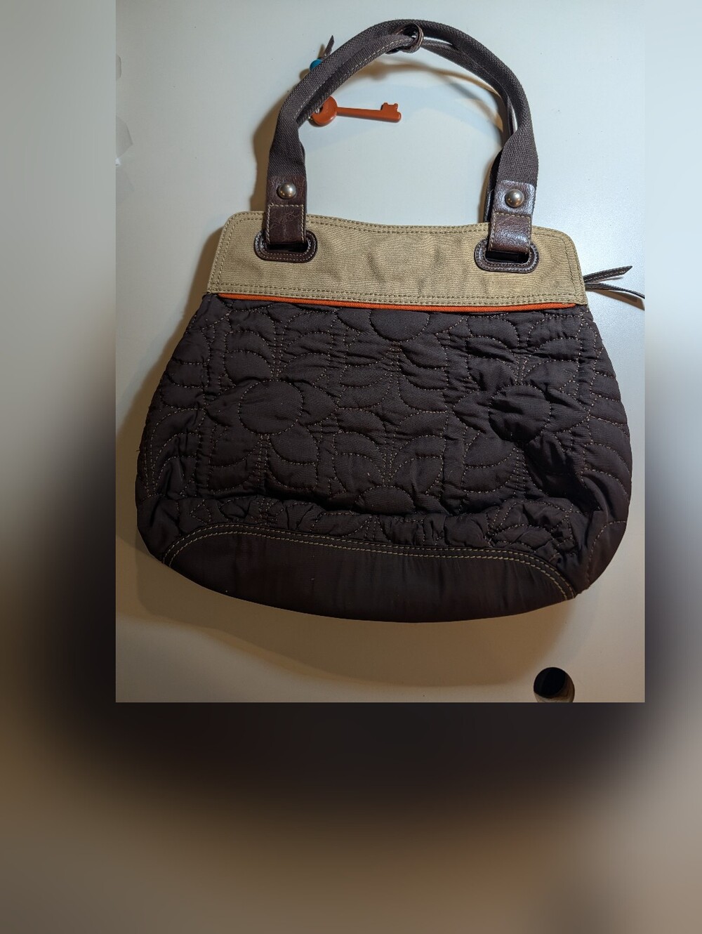 Fossil Key-Pet Quilted Brown and Tan Women's Tote Bag - Picture 2 of 6